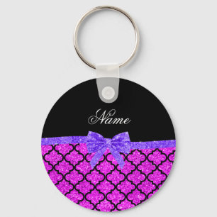 Custom name neon pink glitter moroccan purple bow key ring