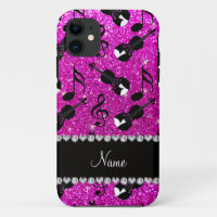 Custom name neon pink glitter violins music notes