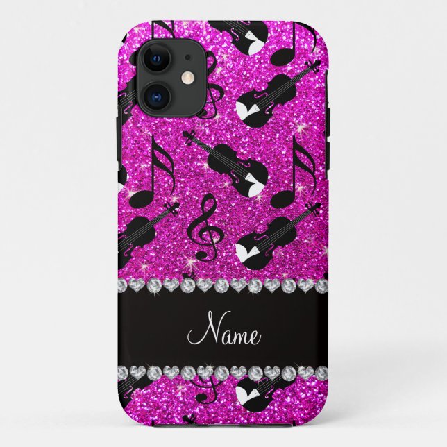 Custom name neon pink glitter violins music notes Case-Mate iPhone case (Back)