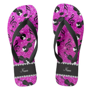 Custom name neon pink glitter violins music notes thongs
