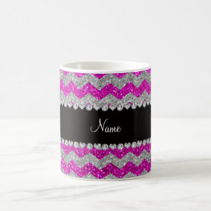 Custom name neon pink silver glitter chevrons coffee mug