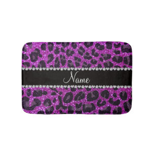 Custom name neon purple glitter leopard print bath mat