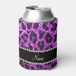 Custom name neon purple glitter leopard print can cooler