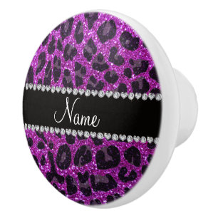 Custom name neon purple glitter leopard print ceramic knob