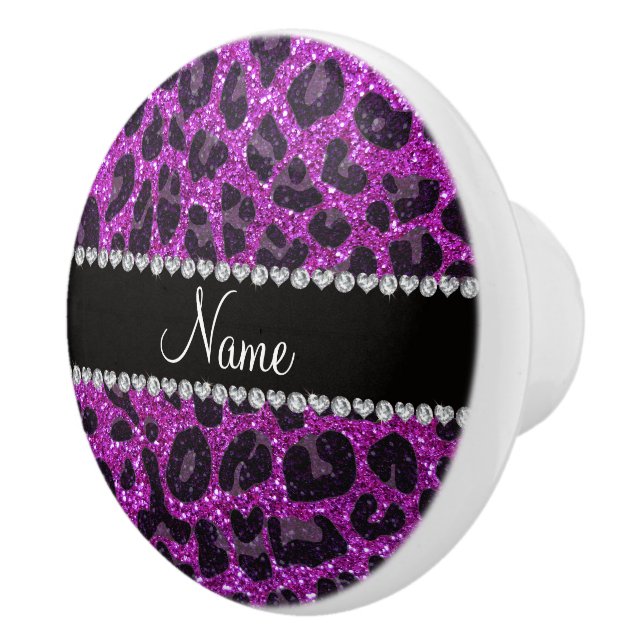 Custom name neon purple glitter leopard print ceramic knob (Right)
