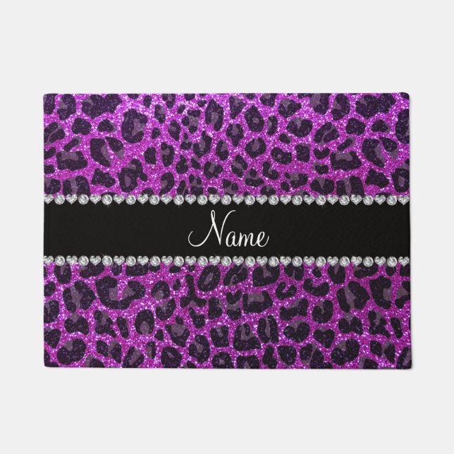 Custom name neon purple glitter leopard print doormat (Front)