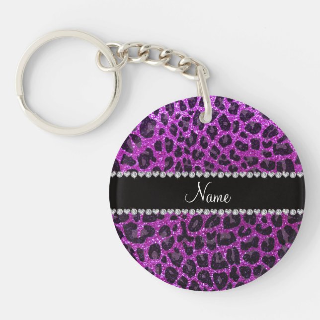 Custom name neon purple glitter leopard print key ring (Front)