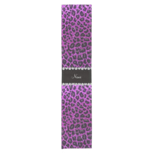 Custom name neon purple glitter leopard print short table runner