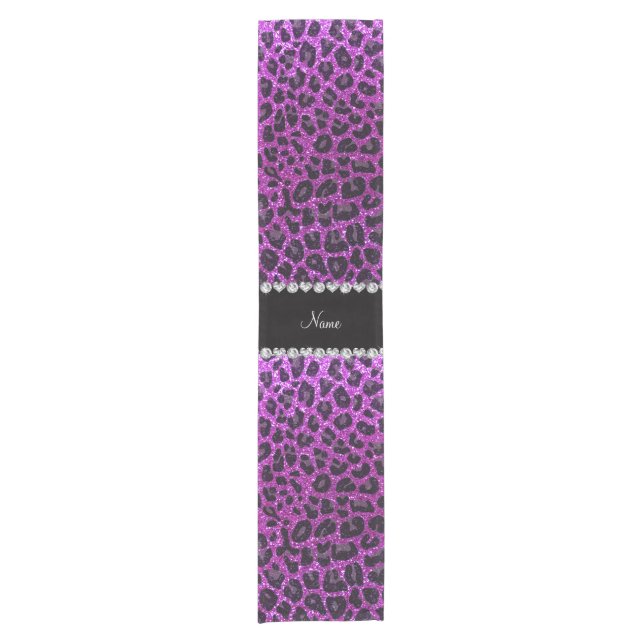 Custom name neon purple glitter leopard print short table runner (Front)