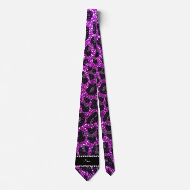 Custom name neon purple glitter leopard print tie (Front)