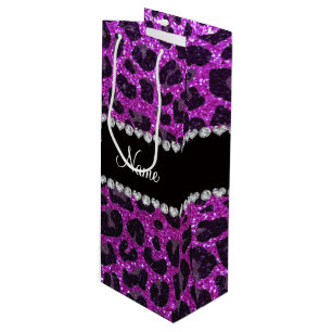 Custom name neon purple glitter leopard print wine gift bag
