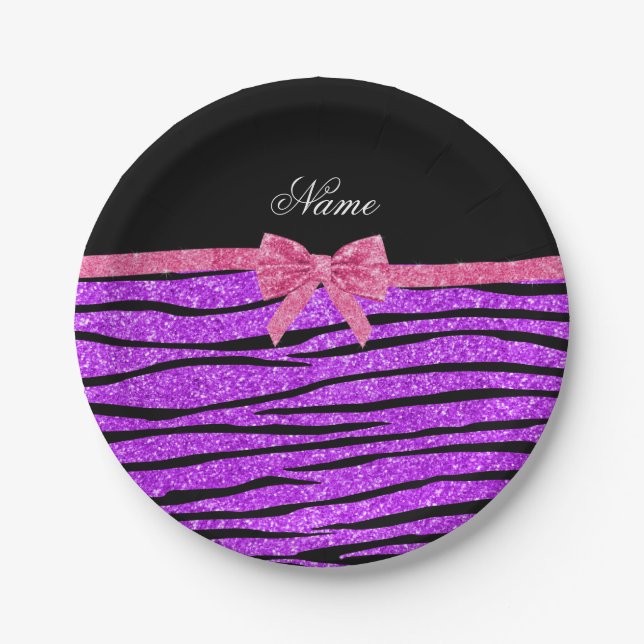 Custom name neon purple glitter zebra stripes bow paper plate (Front)