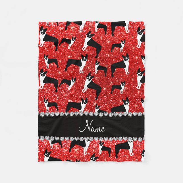 Custom name neon red glitter boston terrier fleece blanket (Front)