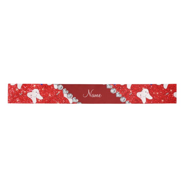 Custom name neon red glitter brushes and tooth satin ribbon (Front)