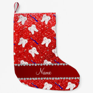 Custom name neon red glitter brushes and tooth small christmas stocking