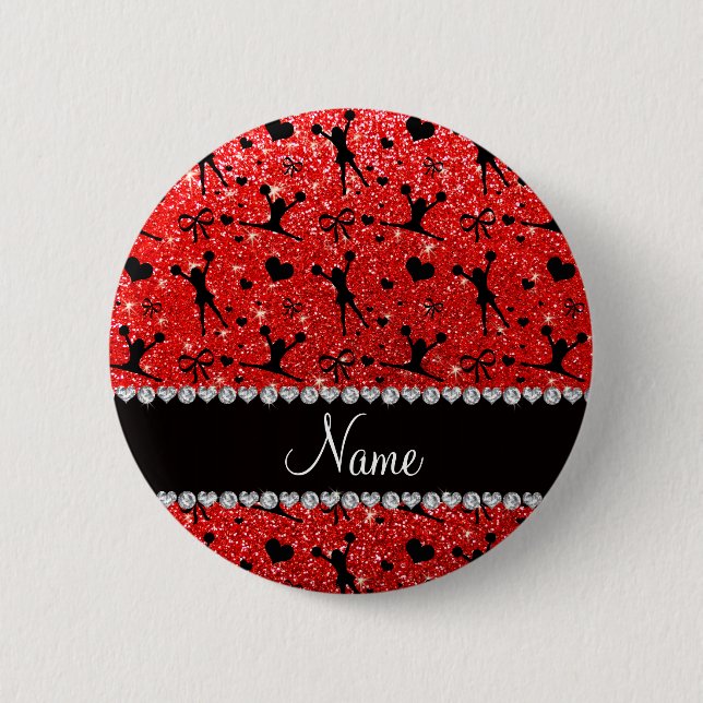 Custom name neon red glitter cheerleading 6 cm round badge (Front)