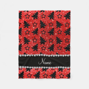 Custom name neon red glitter christmas trees stars fleece blanket