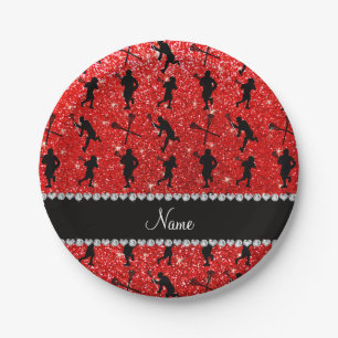 Custom name neon red glitter lacrosse players paper plate