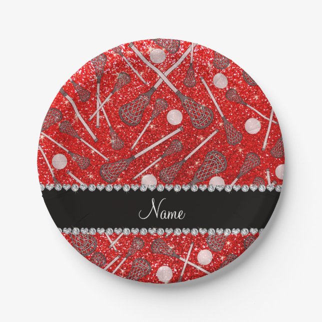 Custom name neon red glitter lacrosse sticks paper plate (Front)