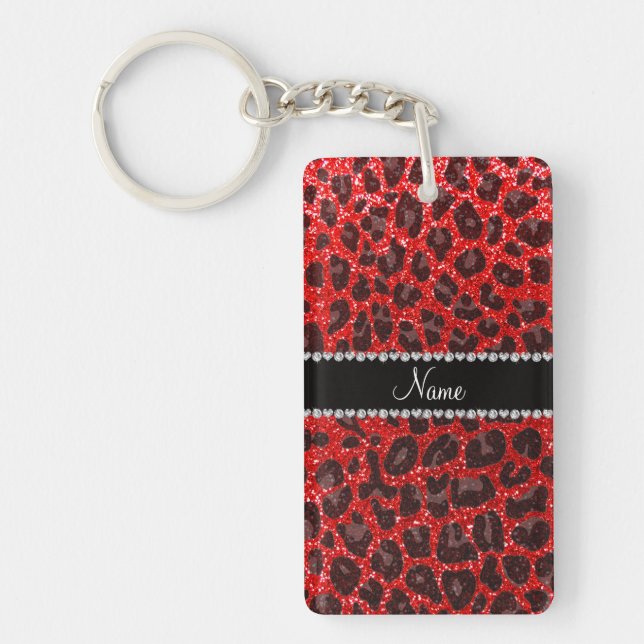 Custom name neon red glitter leopard print key ring (Front)