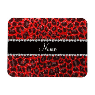 Custom name neon red glitter leopard print magnet