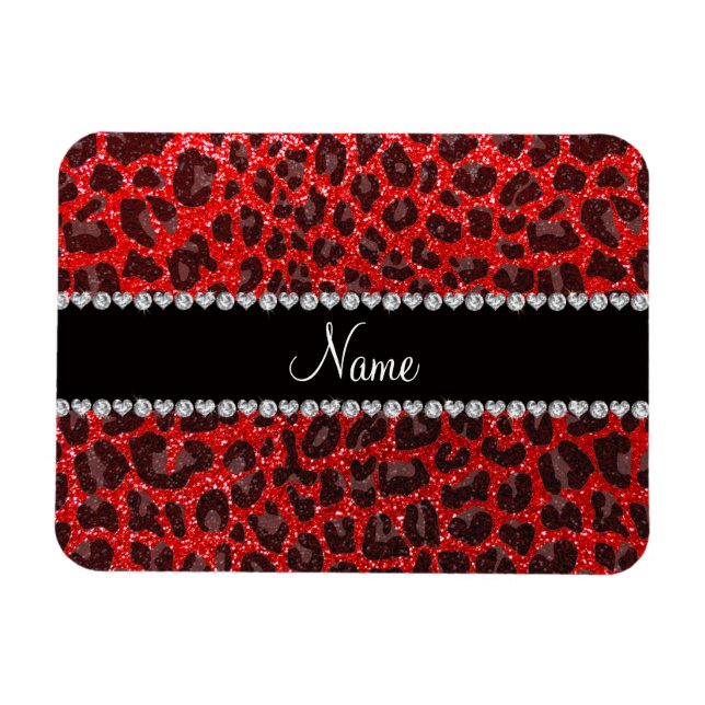 Custom name neon red glitter leopard print magnet (Horizontal)