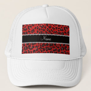 Custom name neon red glitter leopard print trucker hat
