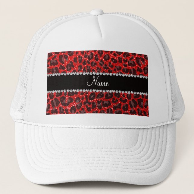 Custom name neon red glitter leopard print trucker hat (Front)