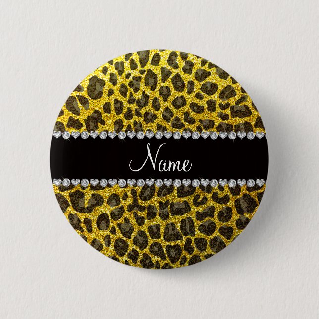 Custom name neon yellow glitter leopard print 6 cm round badge (Front)