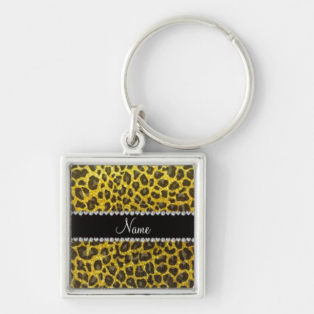 Custom name neon yellow glitter leopard print key ring (Front)