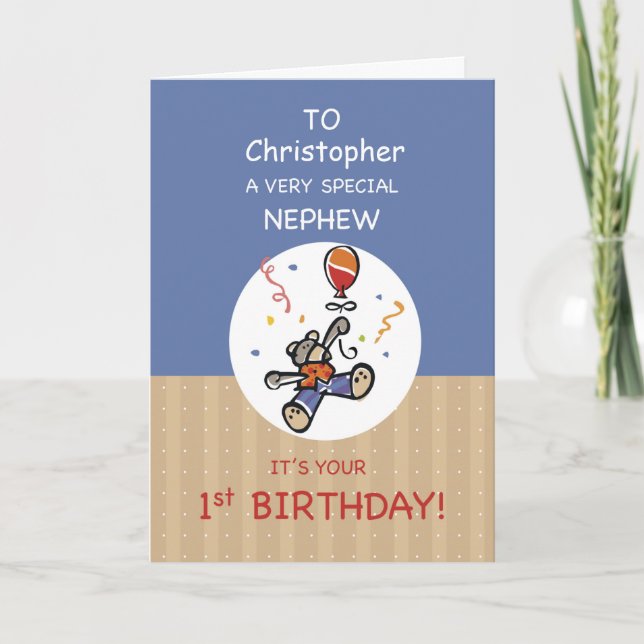 Custom Name Nephew 1st Teddy Bear Balloon Birthday Card (Front)