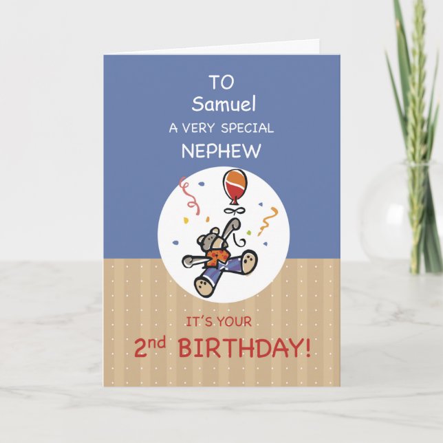 Custom Name Nephew 2nd Teddy Bear Balloon Birthday Card (Front)