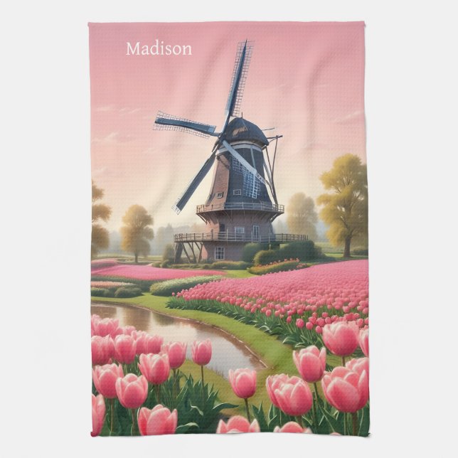 Custom Name Netherlands Windmills Tea Towel (Vertical)