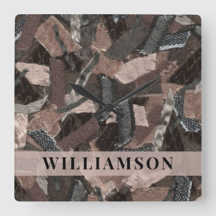 Custom Name Neutral Earth Tones Abstract Brown Square Wall Clock
