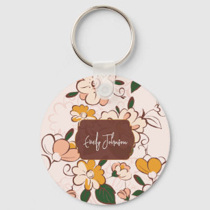 Custom Name Nostalgic Flower Garden Beige Pink Key Ring