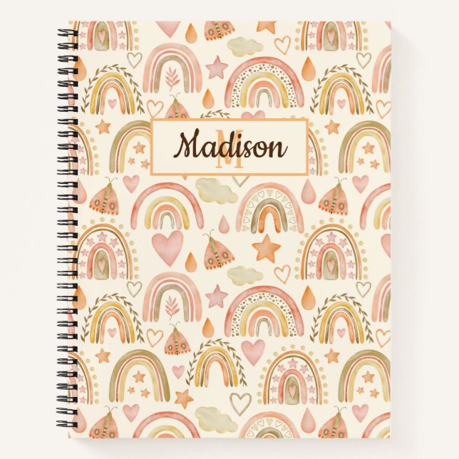 Custom Name Notebook Cute Boho Rainbows Earthy (Front)