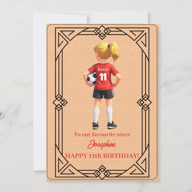 Custom Name Number and Text Birthday Soccer Girl Holiday Card (Front)
