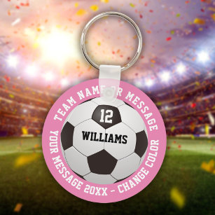 Custom Name Number Team Name Soccer Ball Pink Key Ring