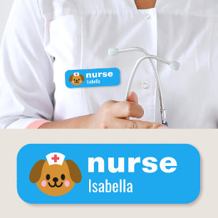 Custom Name Nurse Tag Simple Cute Dog Blue