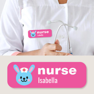 Custom Name Nurse Tag Simple Cute Rabbit Pink