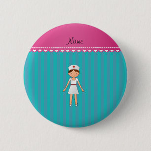 Custom name nurse turquoise stripes pink stripe 6 cm round badge