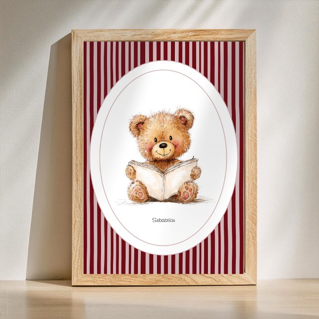 Custom Name Nursery Wall Art - Teddy Bear Reading (Custom Name Print - Cute Teddy Bear Reading a Book Nursery Poster)