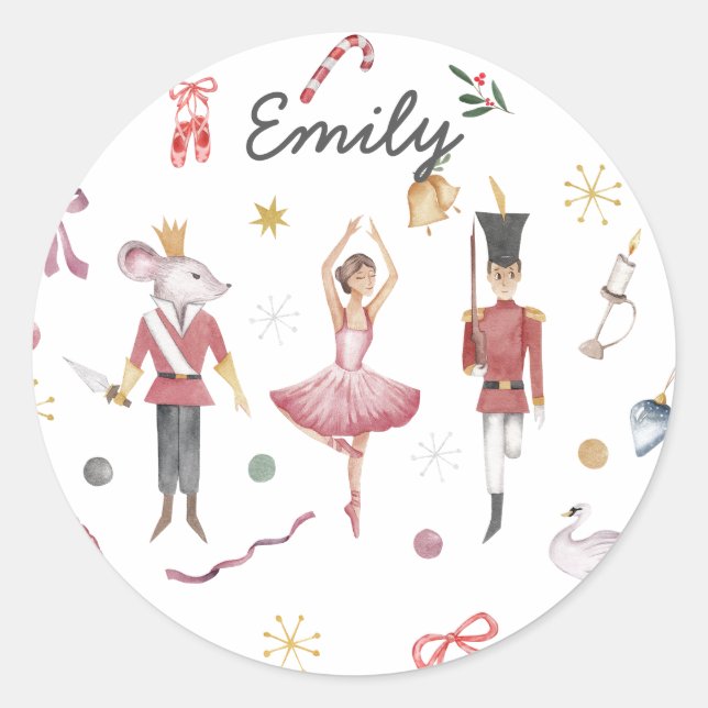 Custom name Nutcracker Ballet Ballerina Christmas Classic Round Sticker (Front)