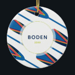 Custom Name Oars Modern Christmas Ceramic Ornament<br><div class="desc">Dress up your tree with this modern nautical themed ornament featuring oars in vibrant blues,  greens and coral. Customise with a message or name of your choice and year.</div>