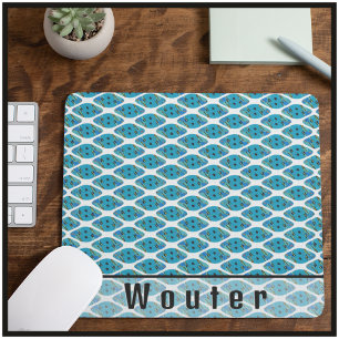 Custom Name Ocean Blue Green White Geo Pattern Mouse Pad