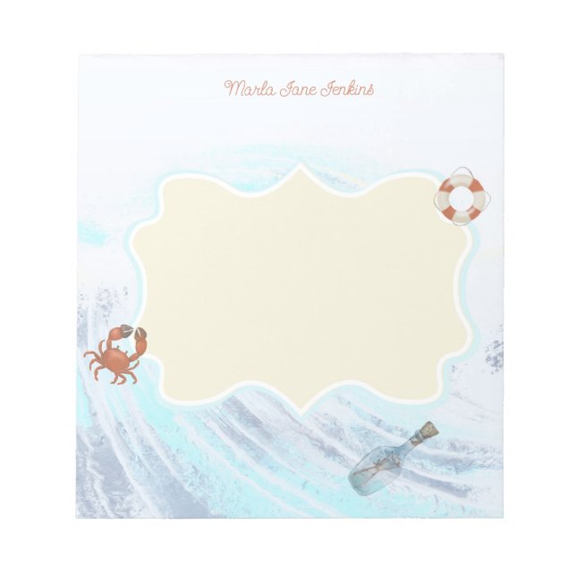 Custom Name Ocean Theme Crab Life Preserver Bottle Notepad (Front)