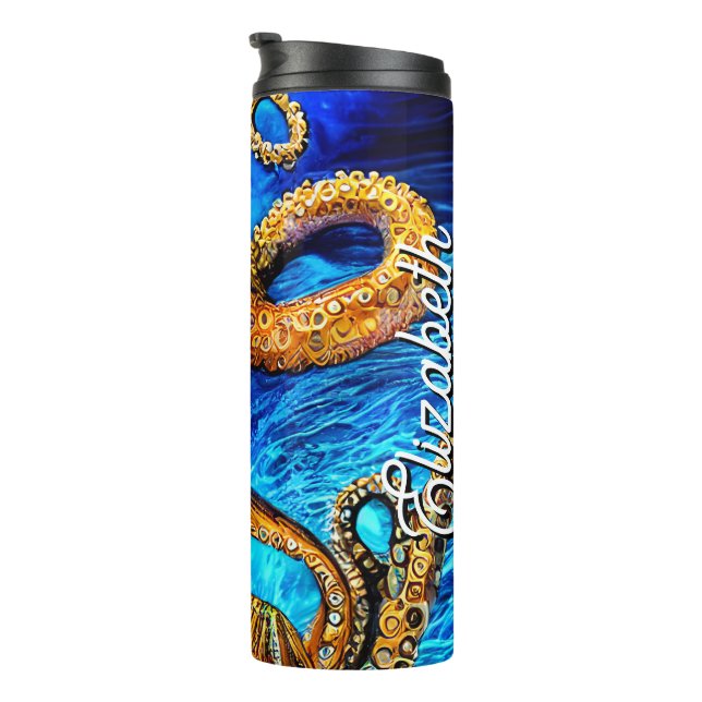 Custom Name Octopus Blue Ocean Wave Minimalism Thermal Tumbler (Rotated Right)