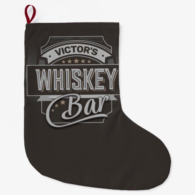 Custom NAME Old Deluxe Liquor Label Whiskey Bar Large Christmas Stocking (Front)