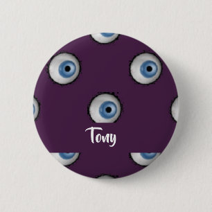 Custom name on big eyes on purple 6 cm round badge