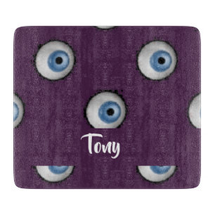 Custom name on big eyes on purple cutting board